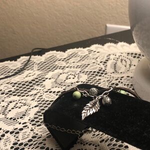 Silver Leaf Charm Bracelet with Green Beads
